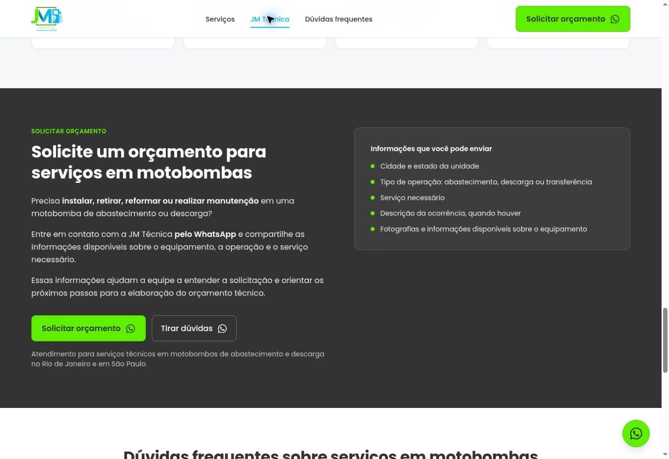 Bloco escuro de orçamento com dois botões à esquerda e lista de informações para enviar à direita.