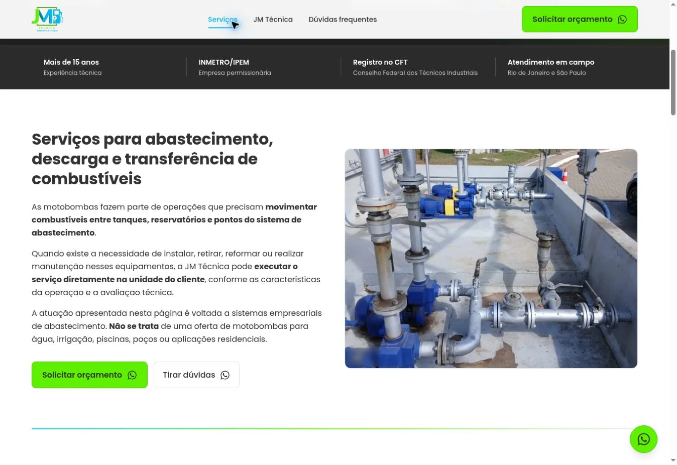 Bloco que explica o uso empresarial das motobombas em sistemas de combustíveis, com fotografia e ações de contato.