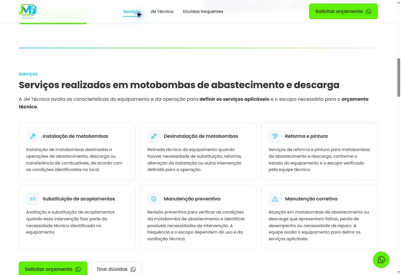 Seis cards de serviços em três colunas, com título da seção e ações de orçamento e dúvidas no desktop.