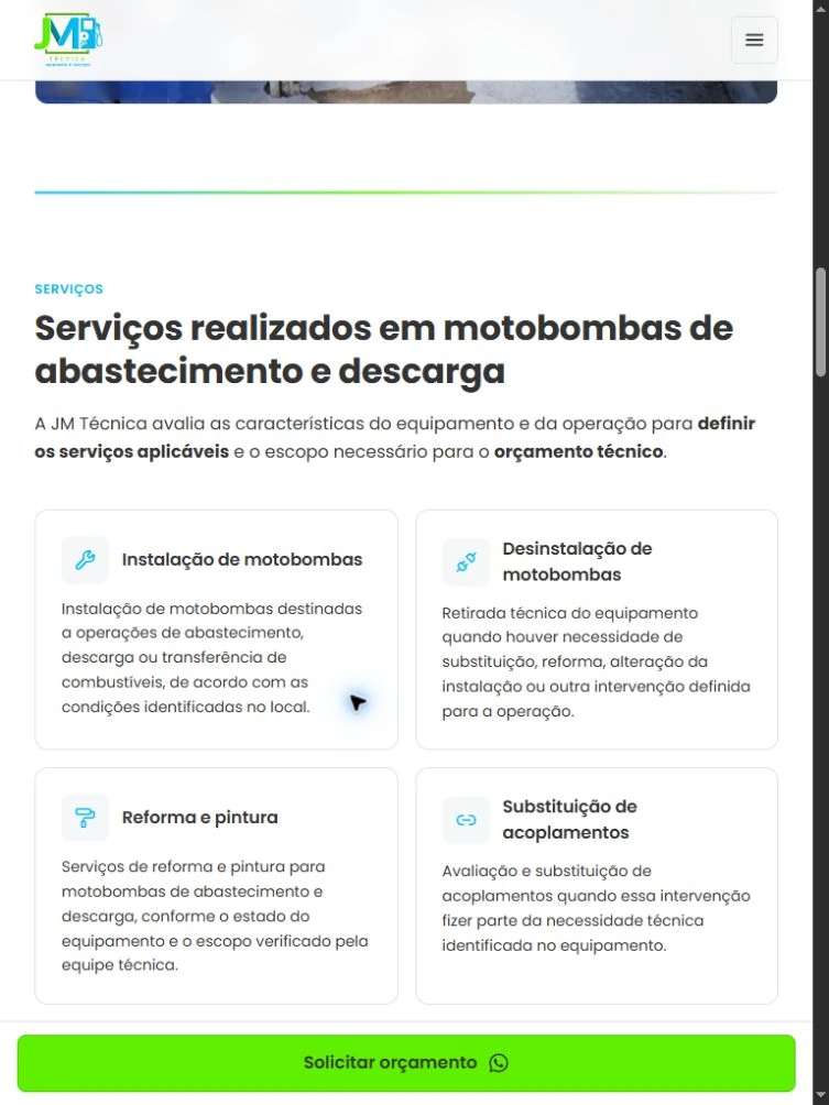 Seção de serviços em tablet, com título e quatro primeiros cards visíveis em duas colunas, além da barra fixa de orçamento.