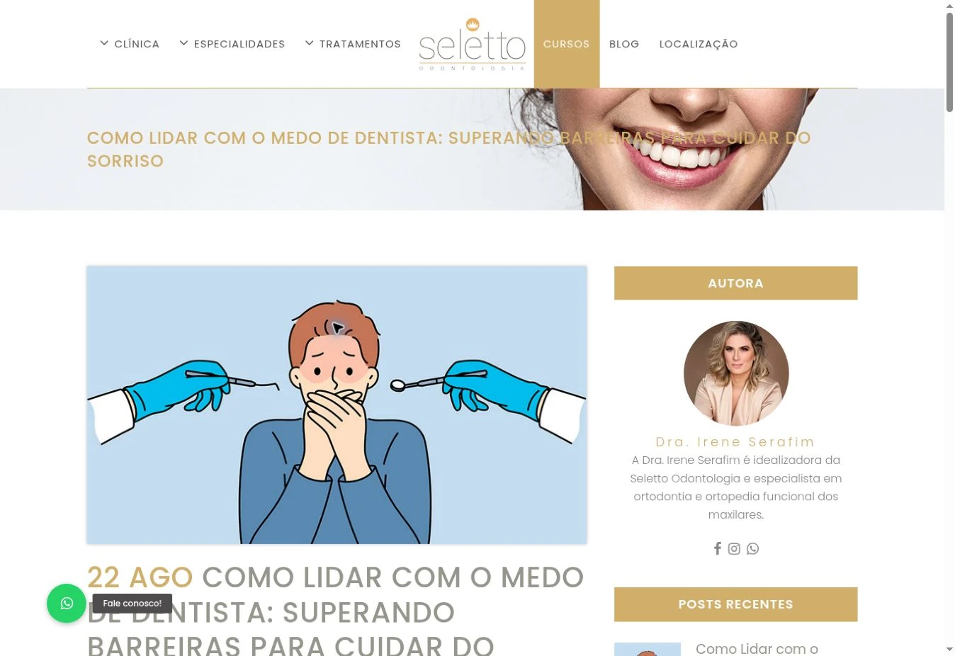 Abertura de artigo sobre medo de dentista, com ilustração, título e coluna Autora com retrato da Dra. Irene.