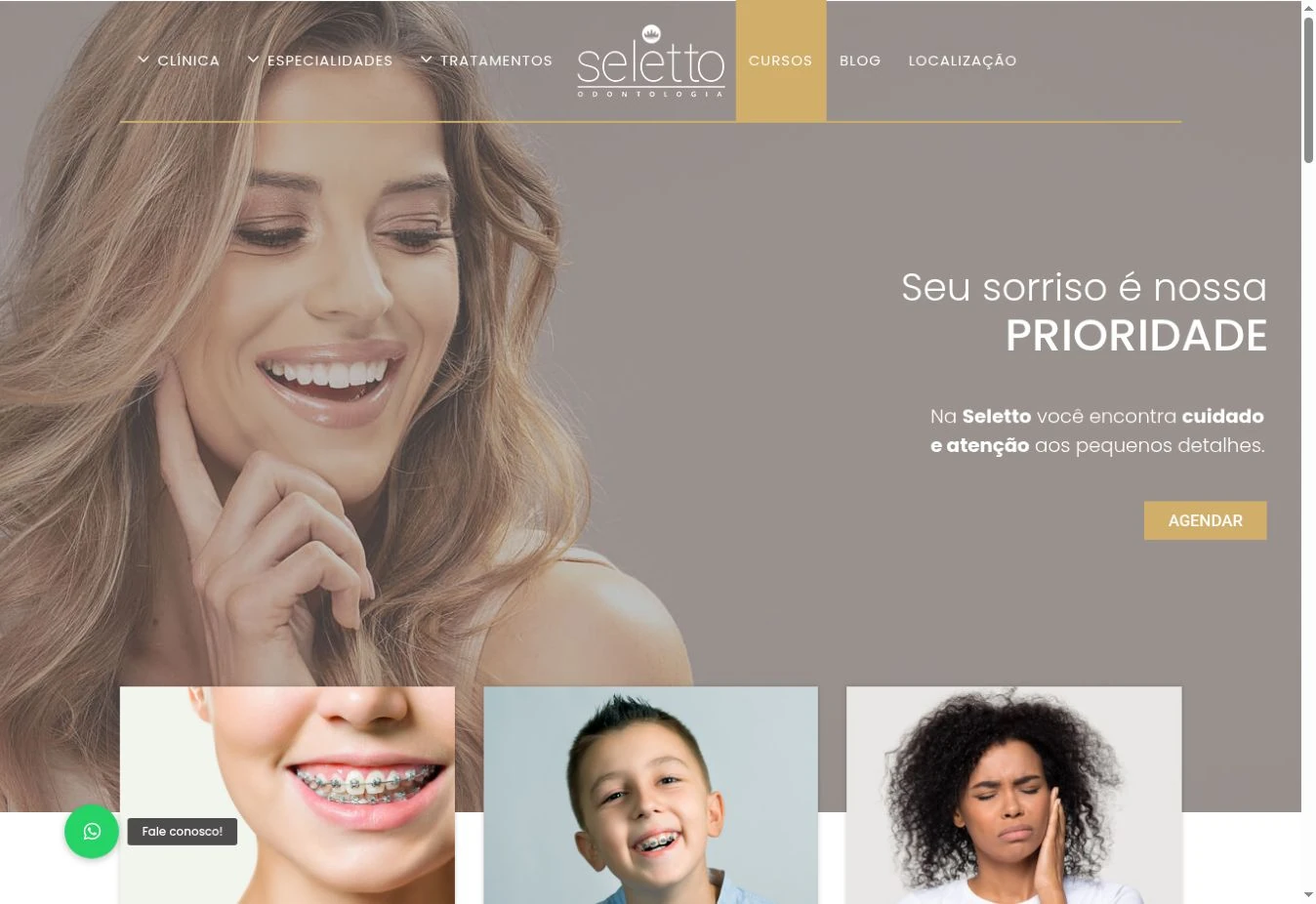 Home da Seletto com marca central, retrato à esquerda, chamada e botão Agendar à direita e início dos destaques abaixo.