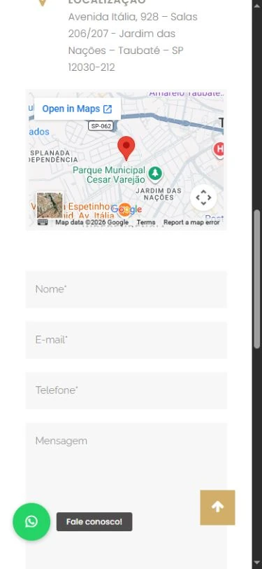 Trecho da localização no celular com mapa e campos vazios de nome, e-mail, telefone e mensagem, além do botão Enviar.