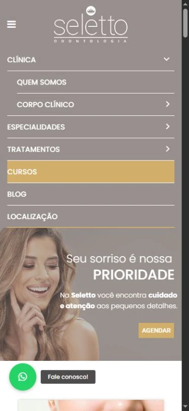 Menu no celular com Clínica expandida, Quem somos e Corpo clínico visíveis e parte da abertura da home abaixo.