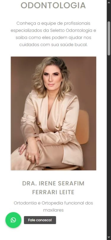 Trecho da equipe no celular com introdução, retrato da Dra. Irene e identificação profissional em uma coluna.