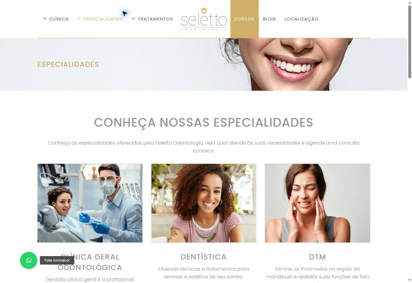 Página de especialidades com cabeçalho fotográfico e primeira linha de três cards: clínica geral, dentística e DTM.