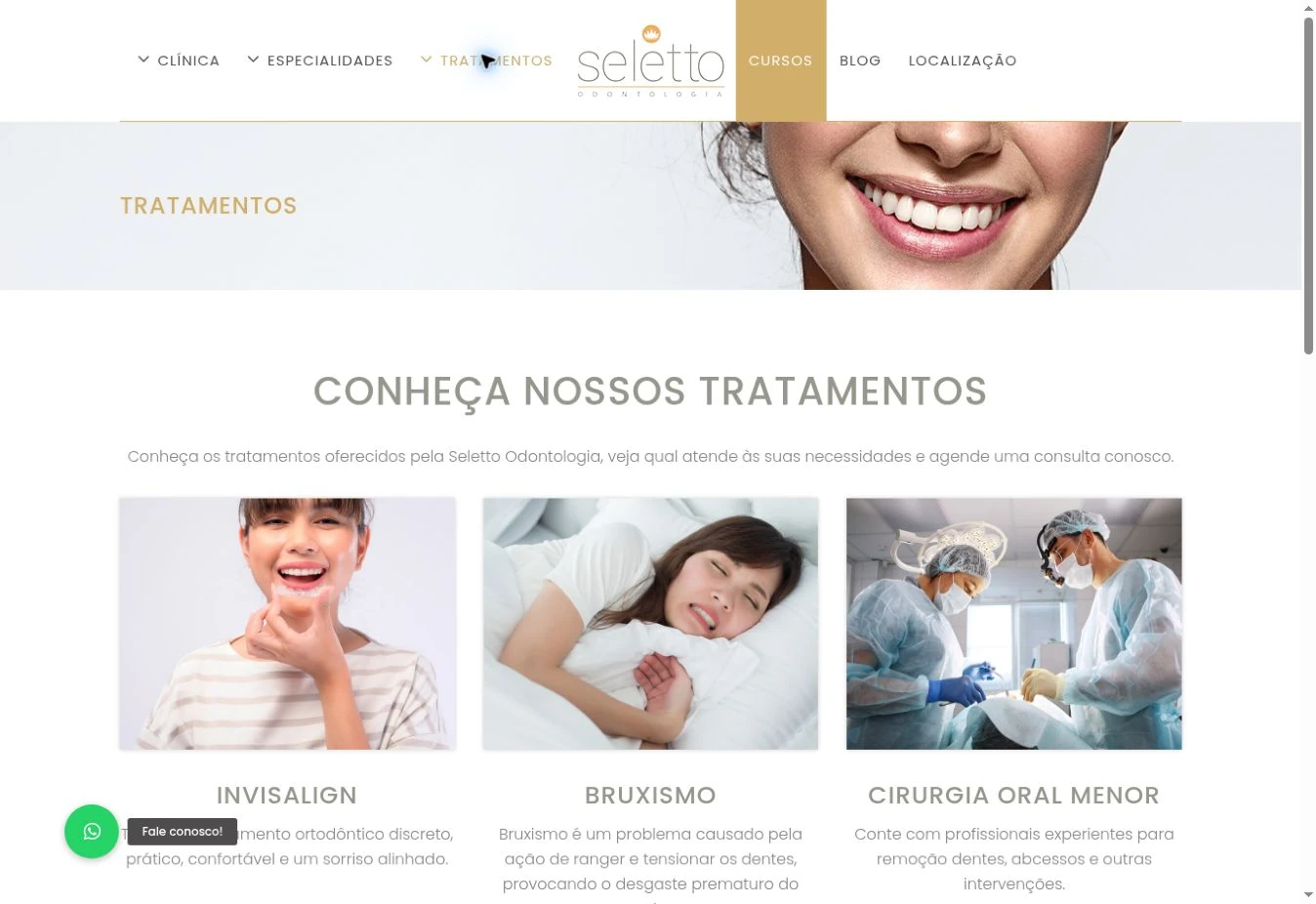 Página de tratamentos com cabeçalho e primeira linha de cards de Invisalign, bruxismo e cirurgia oral menor.