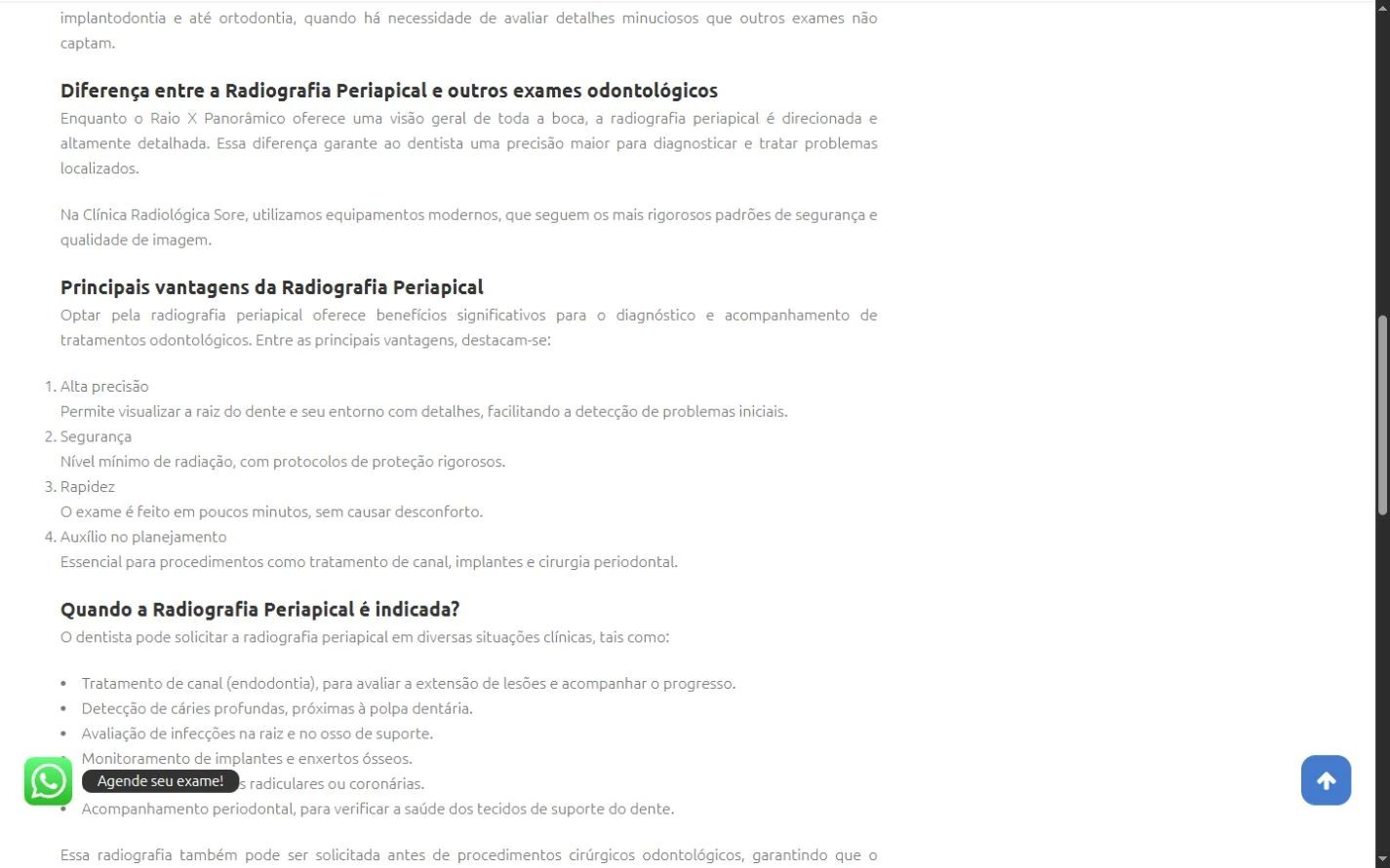 Corpo de artigo sobre radiografia periapical com subtítulos, lista e texto informativo.