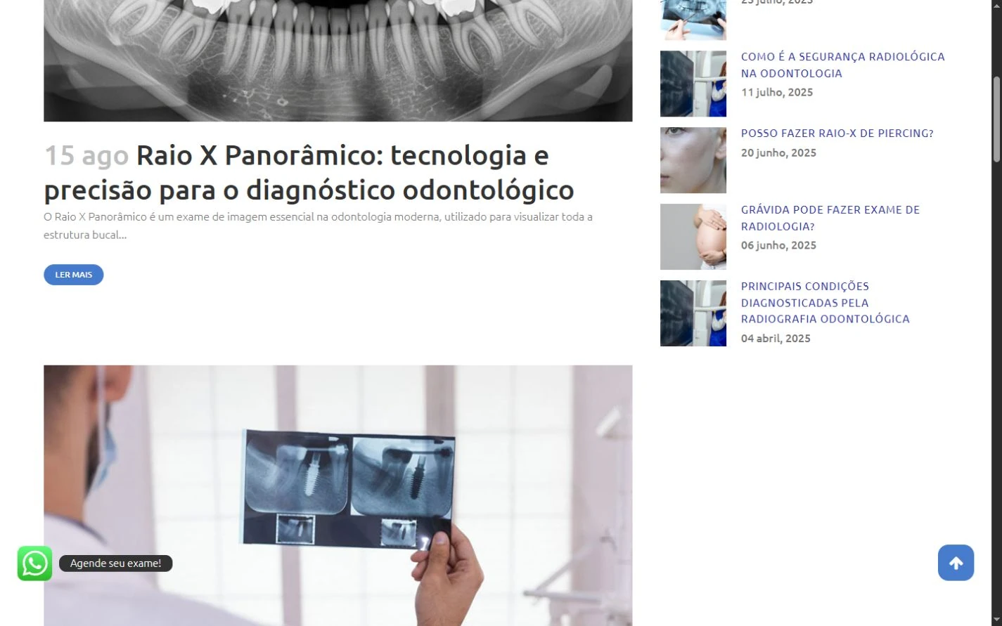 Trecho da listagem do blog com título, resumo e botão Ler mais, imagem do próximo artigo e coluna de posts recentes.