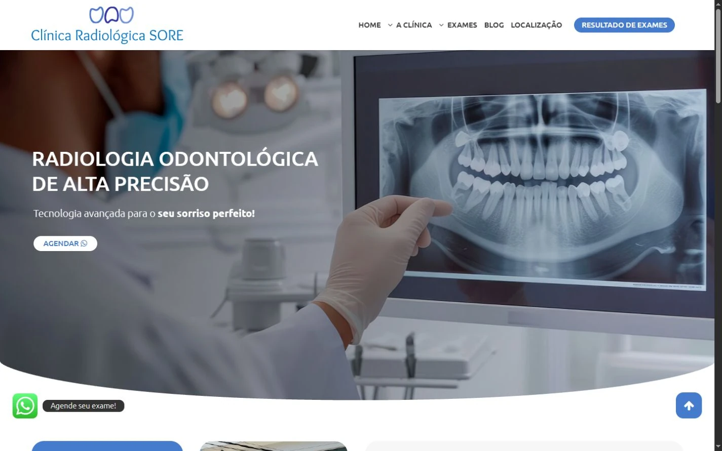 Home da Clínica Radiológica SORE com radiografia ao fundo, texto claro, ação de agendamento, acesso a resultados e curva inferior.