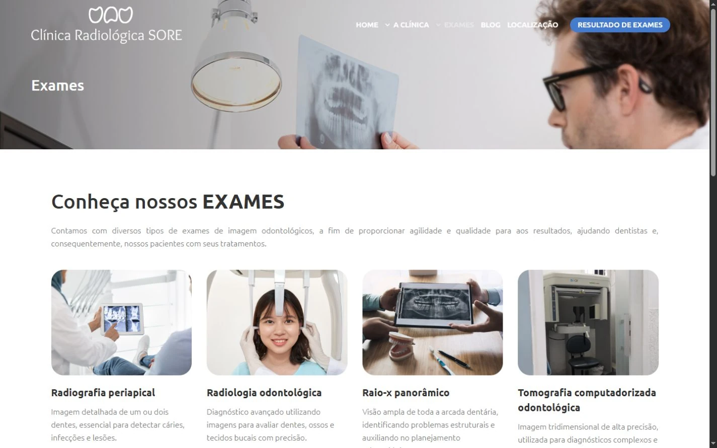Página de exames com cabeçalho fotográfico e quatro cards em linha, com imagens, títulos e resumos.
