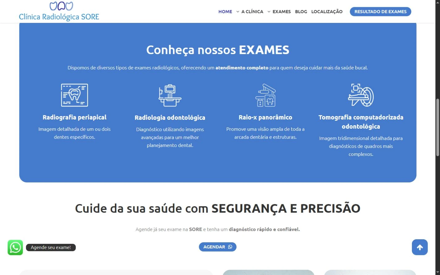 Bloco azul da home com quatro exames representados por ícones e chamada de contato abaixo.