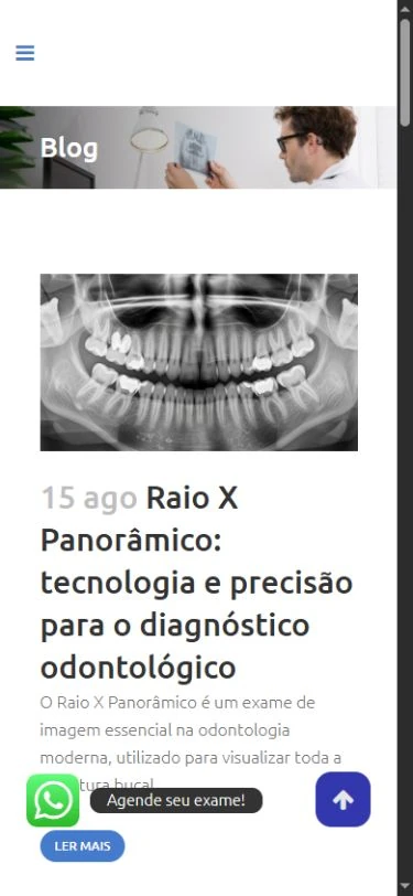 Blog no celular com imagem, título, resumo e ação de leitura em uma coluna, com controles flutuantes.