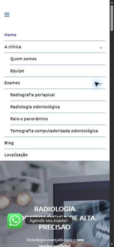Menu móvel aberto com grupos A clínica e Exames expandidos, quatro exames listados e parte da home abaixo.