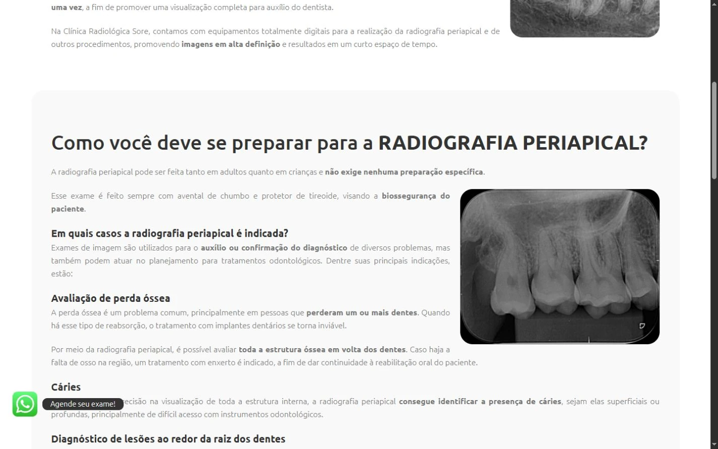 Continuação da página periapical com bloco claro de destaque, subtítulos, explicações e outra imagem radiográfica.