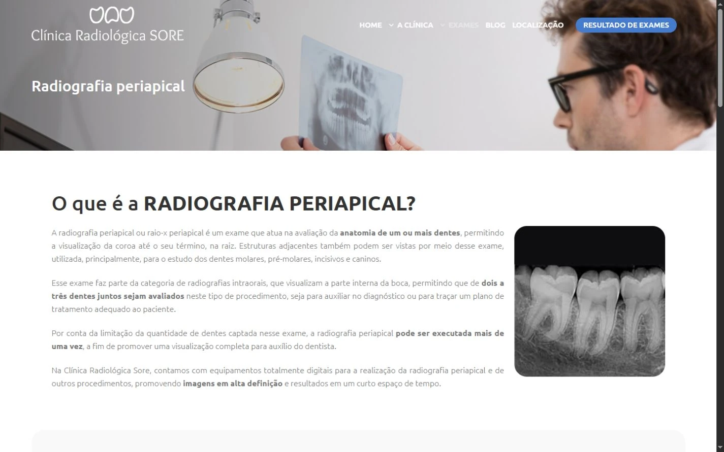 Abertura da página de radiografia periapical com subtítulo, explicação à esquerda e imagem radiográfica à direita.