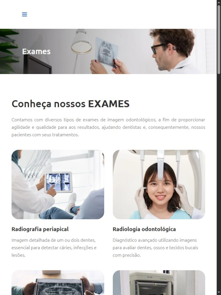 Listagem de exames em tablet com título, texto e primeiros cards em duas colunas.