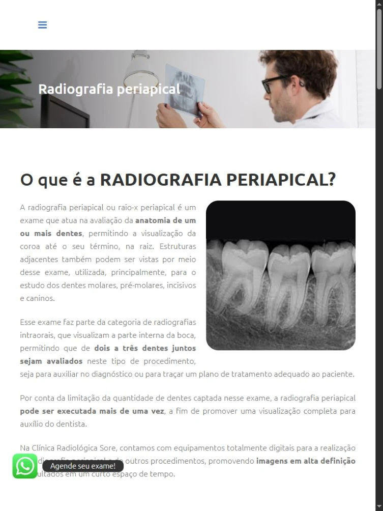 Página periapical em tablet com texto à esquerda, imagem à direita e WhatsApp sobre parte da leitura inferior.