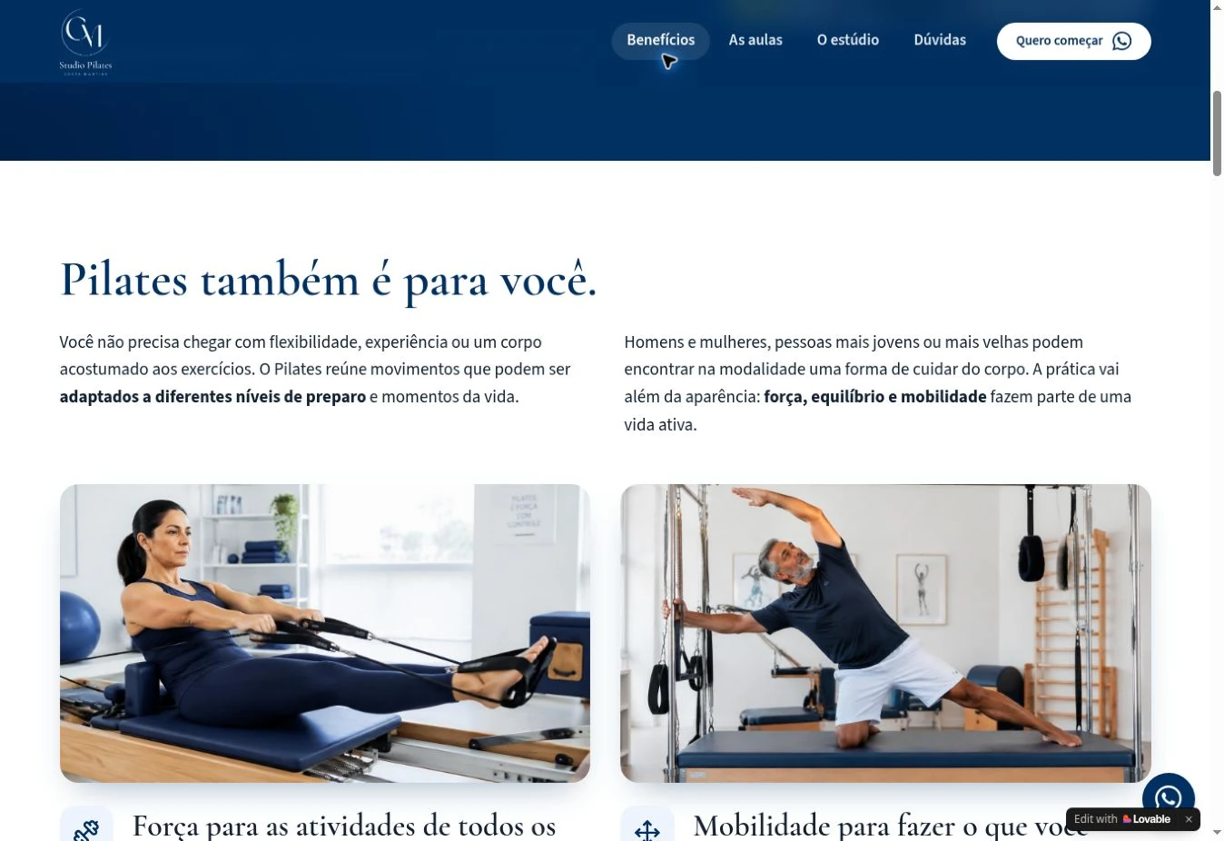 Pilates também é para você section, with two text columns and the beginning of two photo cards.