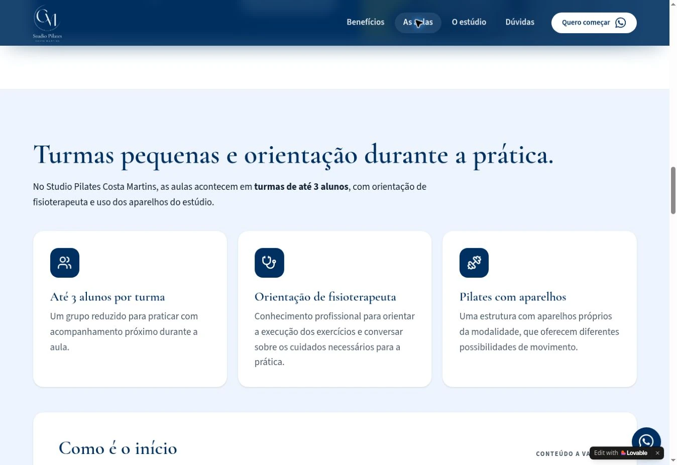 Three cards about class size, guidance, and equipment, with the beginning of the unapproved Como é o início block below.