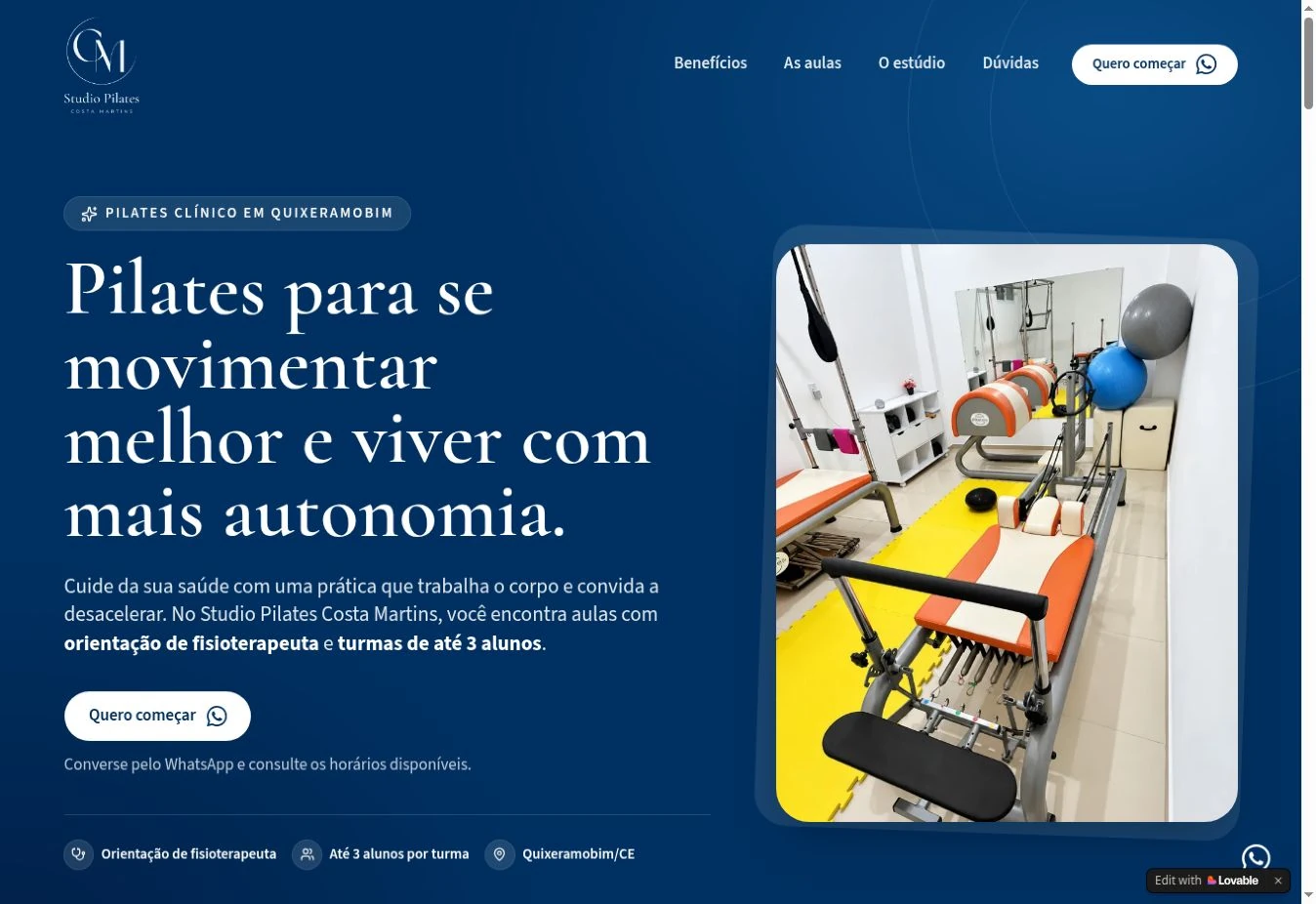 Studio Pilates Costa Martins landing page hero, with white text on blue, a WhatsApp CTA, and a vertical equipment photo.