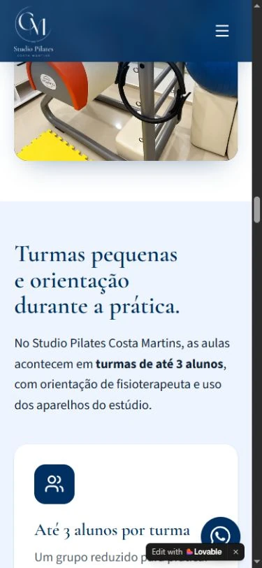 Studio Pilates Costa Martins class introduction on mobile, with text and a card in sequence.