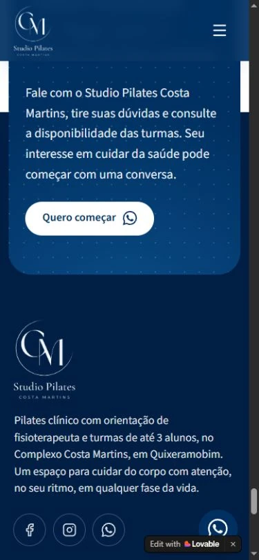 Studio Pilates contact section on mobile, with a prompt, WhatsApp button, and the start of the footer.