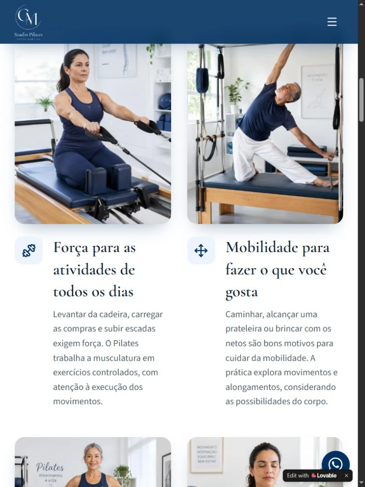Strength and mobility cards in two columns, with photographs, headings, and explanations at tablet width.