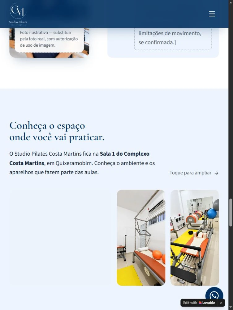 Studio Pilates space presentation on tablet, with text and a mosaic of room photographs.