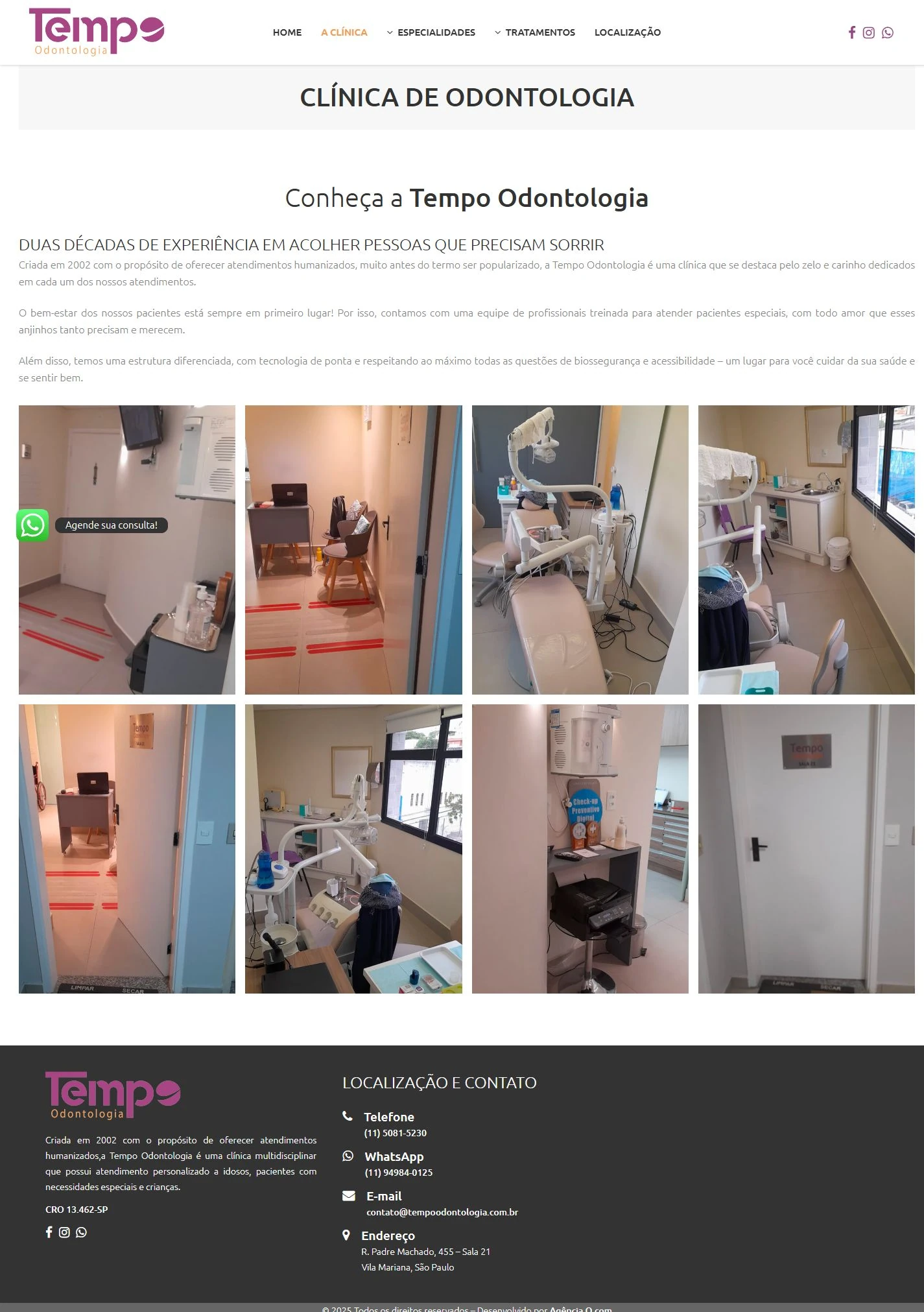 Página completa da clínica com texto institucional, grade de oito fotos do ambiente e rodapé.