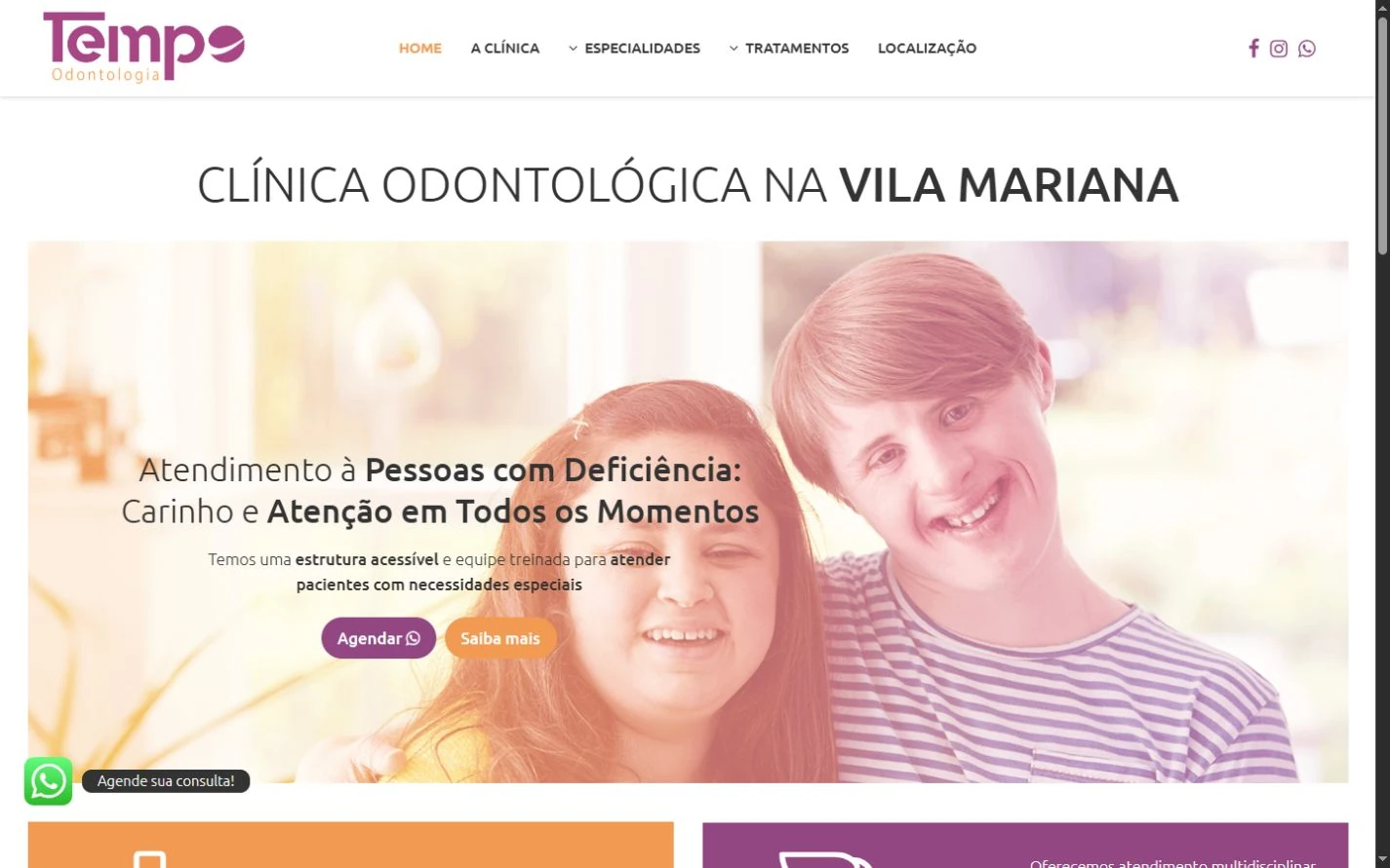 Home da Tempo Odontologia com marca roxa, navegação, título local e destaque fotográfico com camada de cor e duas ações.