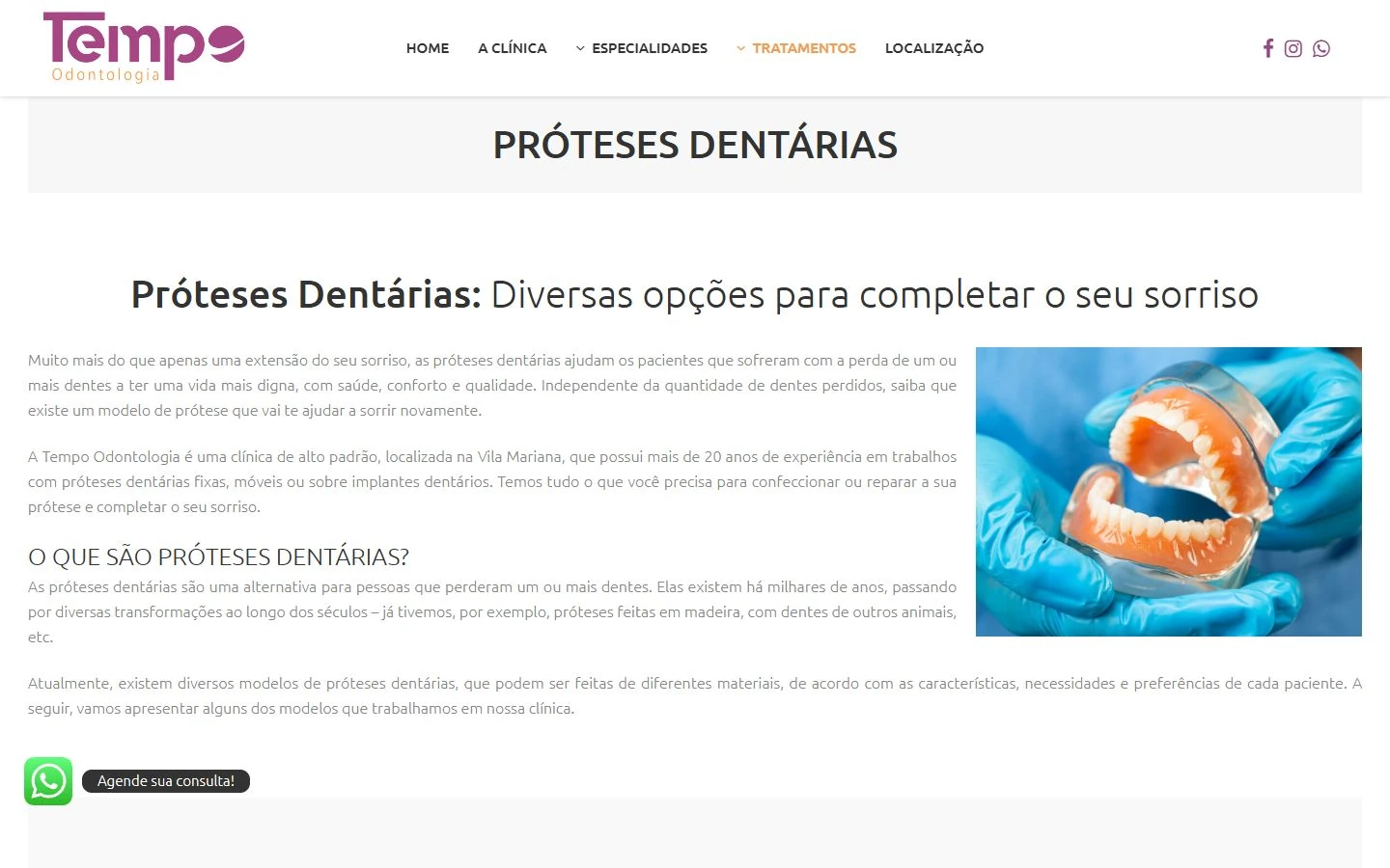Página de próteses dentárias da Tempo no desktop, com título, texto e ilustração ao lado.
