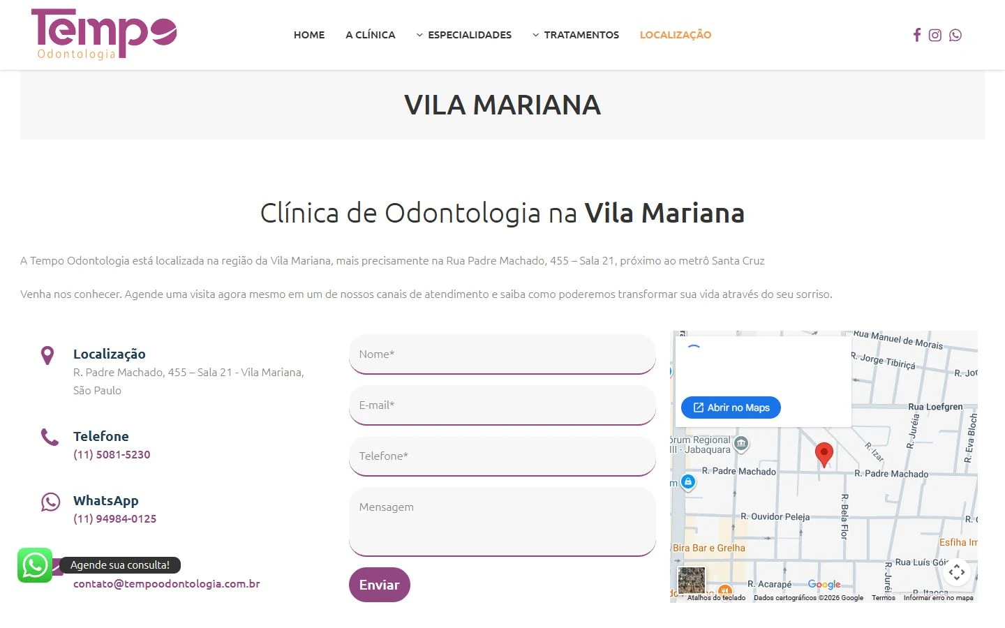 Página de localização com canais de contato à esquerda, formulário vazio no centro e mapa carregado à direita.
