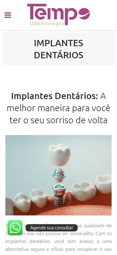 Página de implantes no celular, com título, imagem em uma coluna e WhatsApp sobre o início do texto inferior.