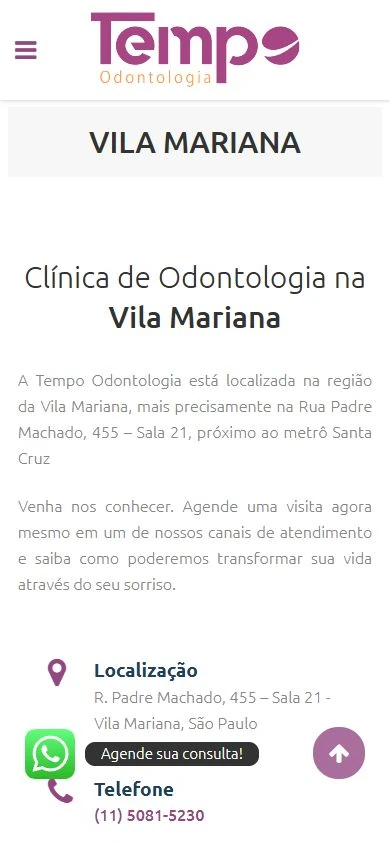 Localização da Tempo no celular, com título Vila Mariana, texto e início dos contatos.