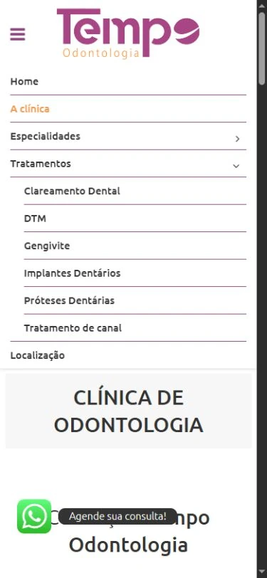 Menu móvel aberto sob a marca, com submenu de seis tratamentos expandido sobre a página A clínica.