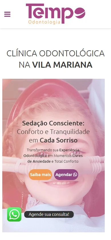 Home móvel com menu recolhido, marca, título em duas linhas, fotografia vertical, ações e WhatsApp sobreposto.