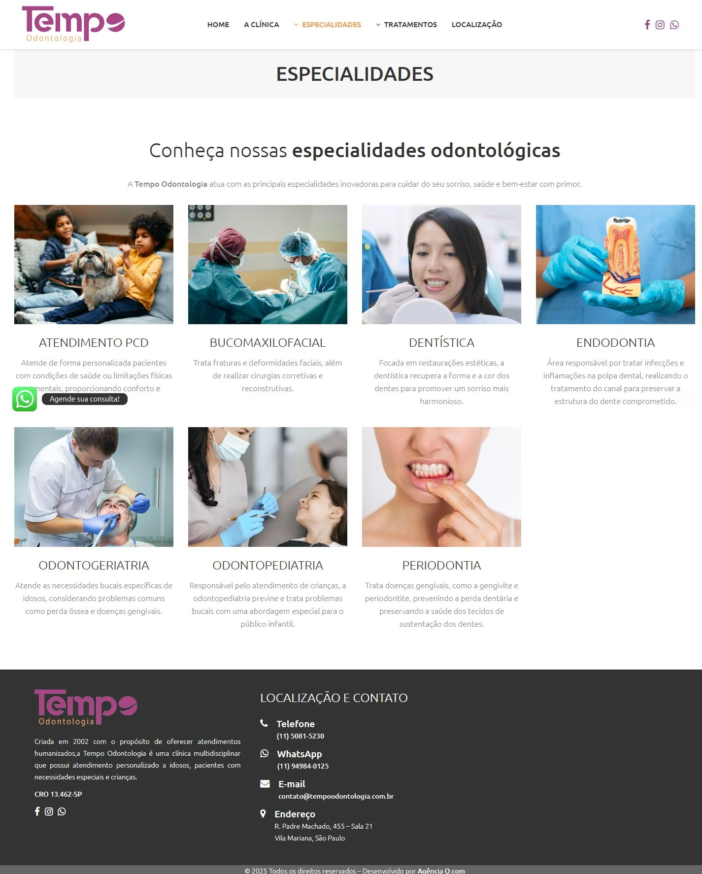 Página completa de especialidades, com sete cards em grade de quatro colunas e rodapé escuro com contatos.