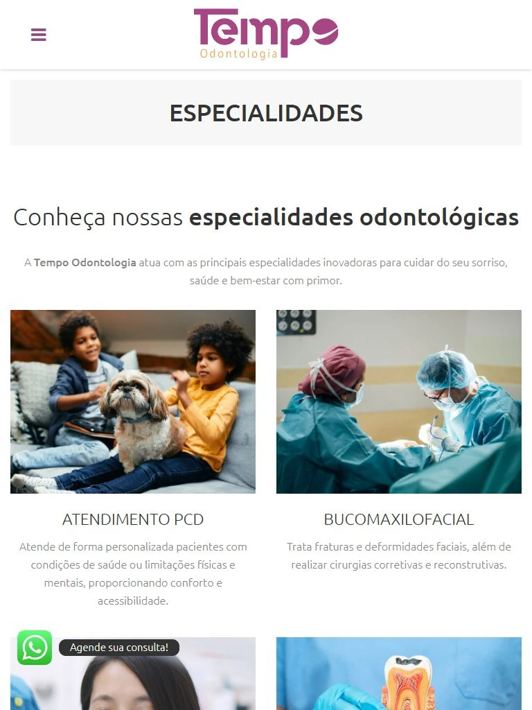 Listagem de especialidades no tablet, com título e primeiros cards em duas colunas.