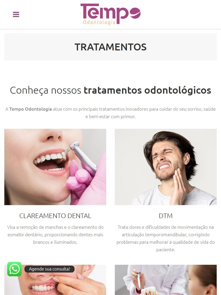 Listagem de tratamentos da Tempo no tablet, com introdução e cards em duas colunas.