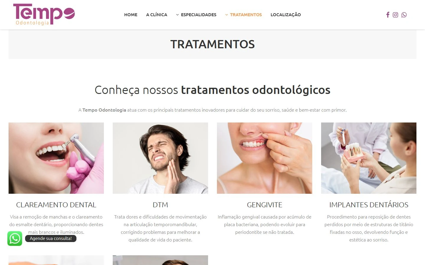 Abertura da página de tratamentos da Tempo com título e primeira linha de quatro cards.